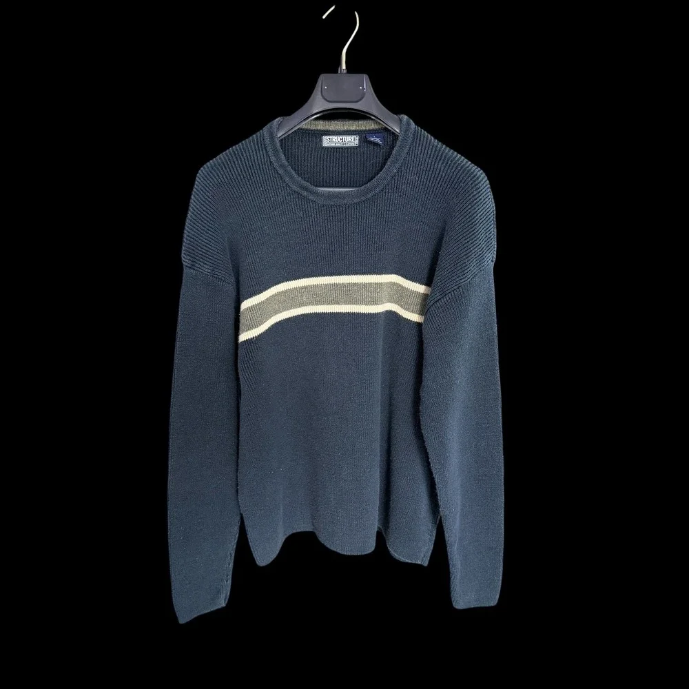 Vintage Y2K Structure Navy‎ Cyber Stripe Ribbed Knit Sweater Ramie Cotton Large